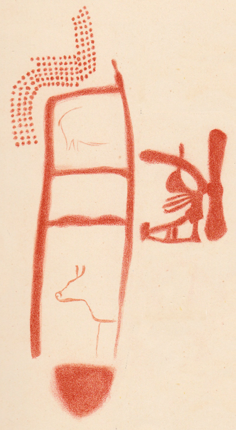 A 1913 drawing of Panel 78 in La Pasiega. The red scalariform, or ladder symbol, is at least 64,000 years old, but it’s not known if the animals and other symbols were painted later.
